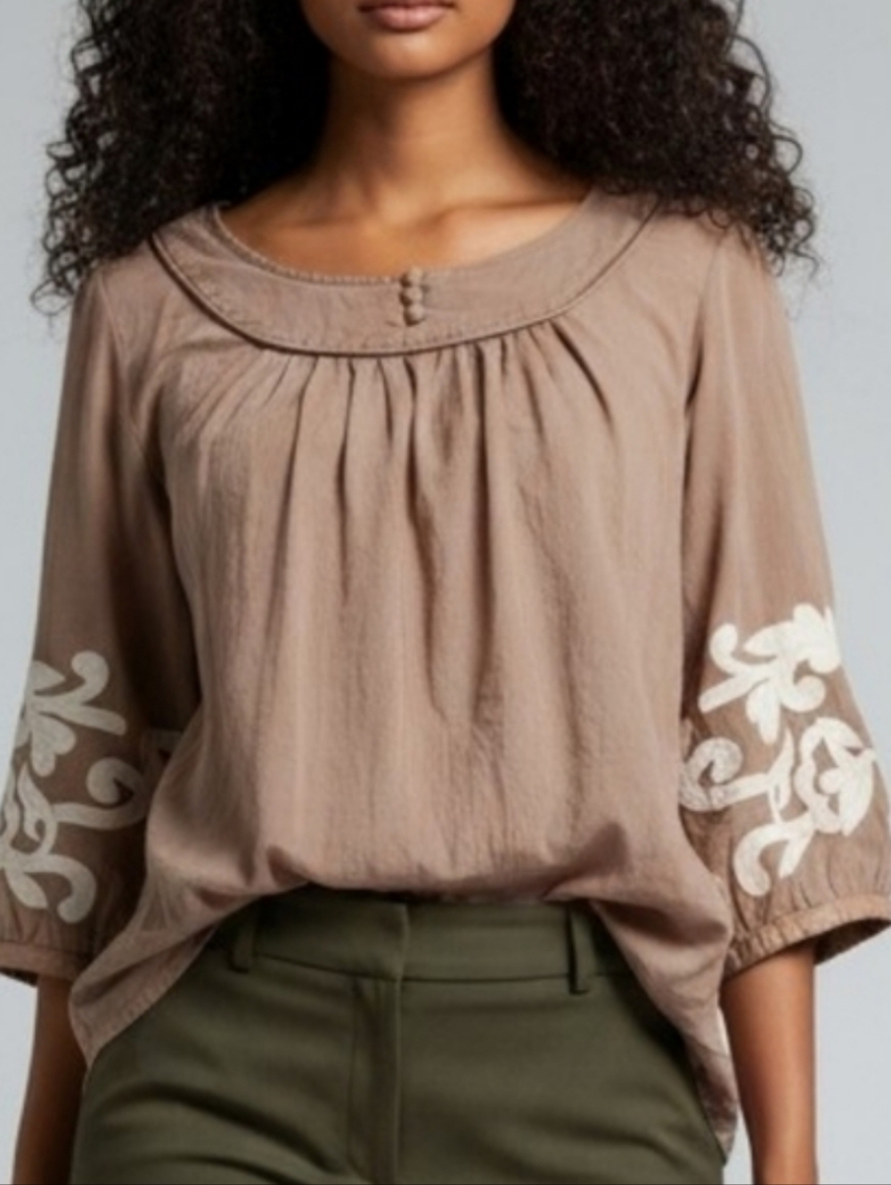 a.n.a Taupe Scoop-Neck Tunic with White Sleeve Embroidery M